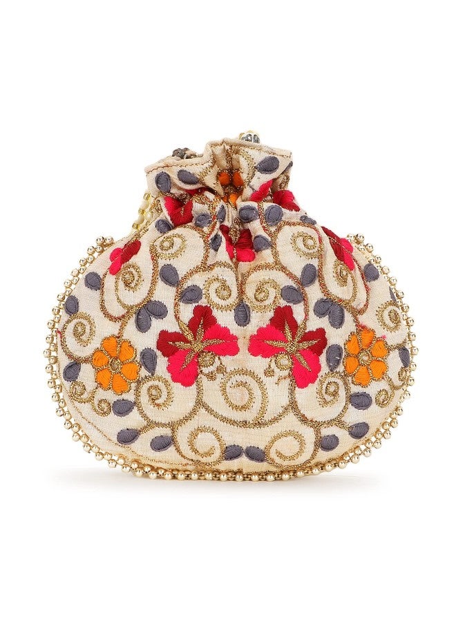 Anekaant Faux Silk Cream Colour Embroidered Potli - Image 3